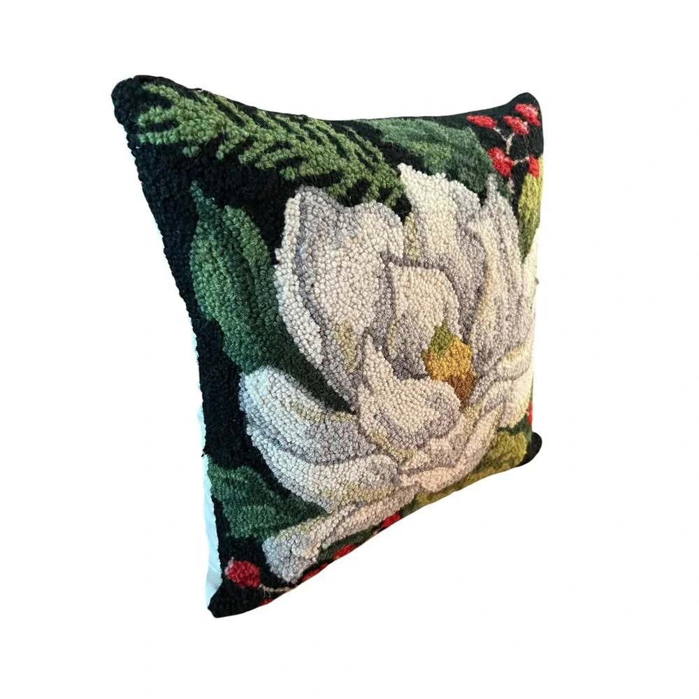 Peking Handicraft Magnolia Hooked Wool Throw Pillow 18x18 Decor